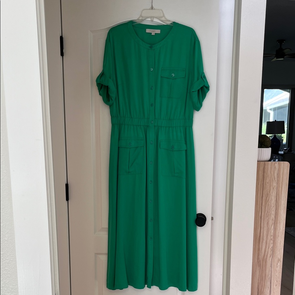 LOFT Emerald Green Button-Down Midi Dress